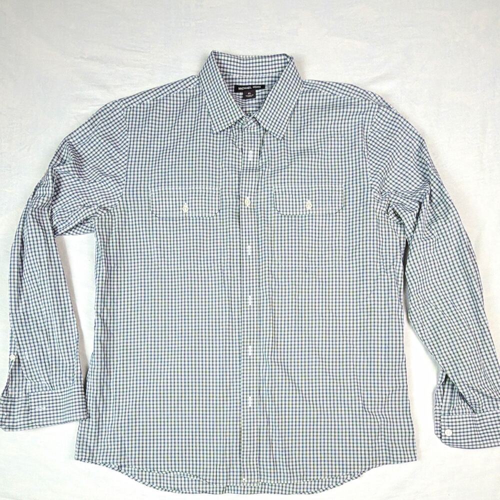 Michael Kors Men's XL Black/White Check Cotton Woven Button-Up Shirt Pockets